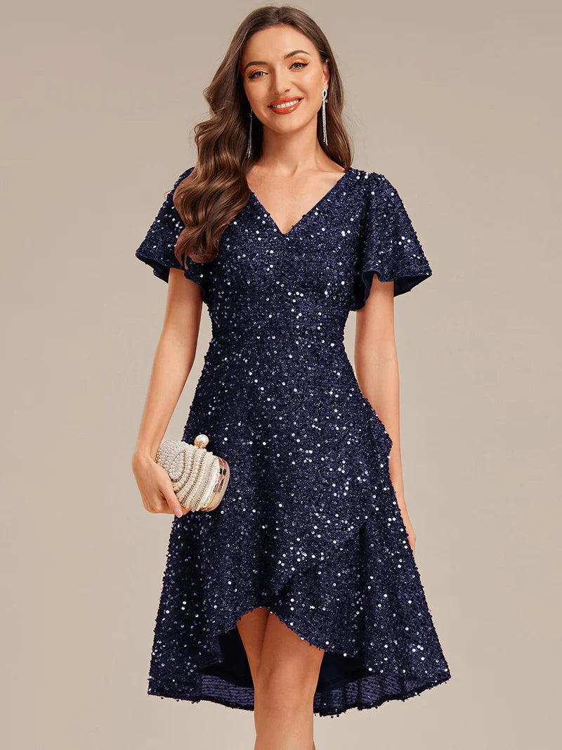 Elegant sequin high-low formal navy blue dress featuring short ruffle sleeves and a deep V-neckline – ideal for weddings, galas, or prom nights.